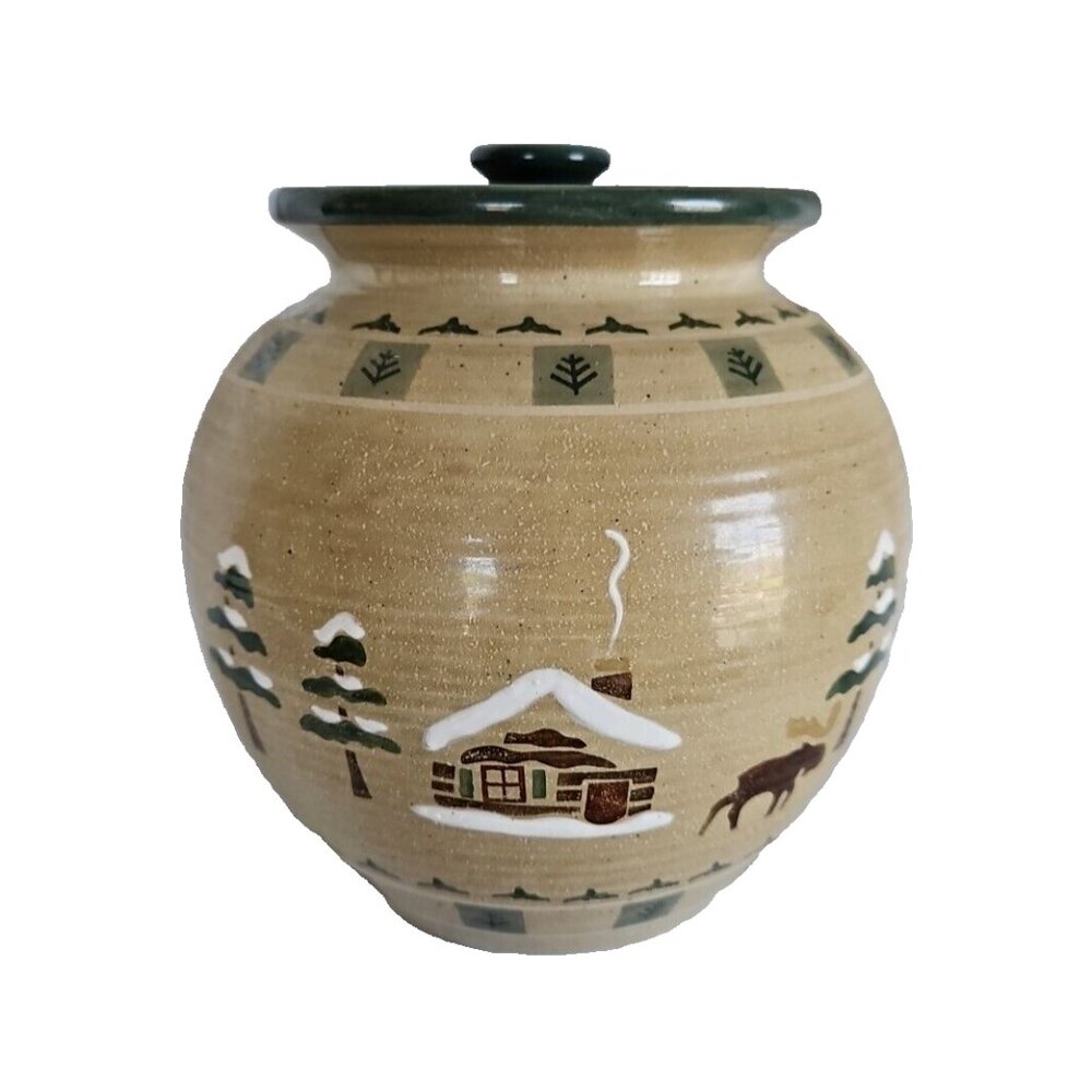 Lodge by Sonoma Cookie Jar Canister Winter Moose Cabin Pine Trees Snow 8.5" Very